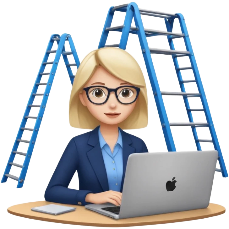 Девушка сидит на работе с ноутбуком. Рядом расположена карьерная лестница вверх, повышение  emoji