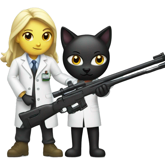 Sniper rifle aiming at black cat wearing a lab coat emoji