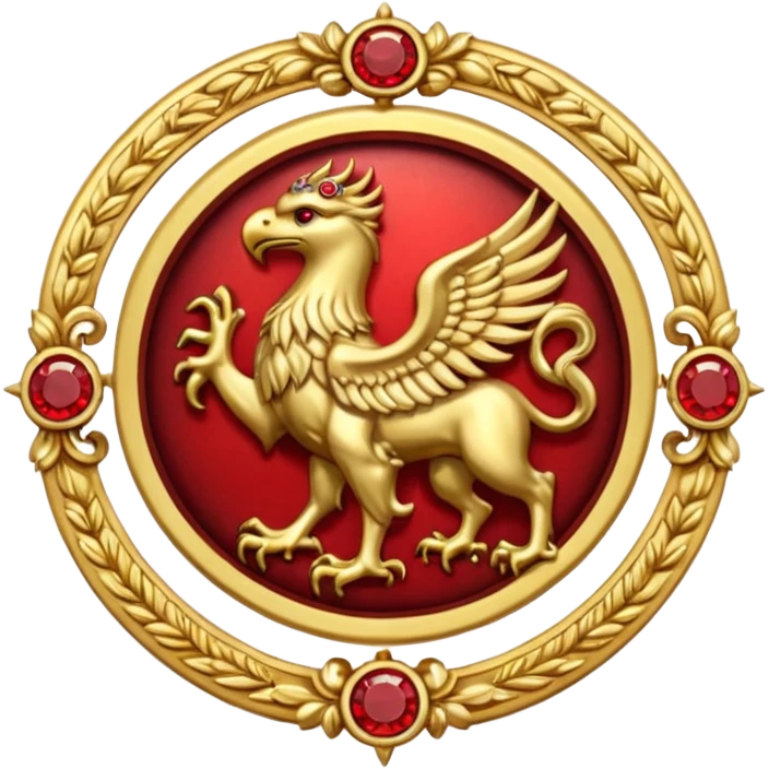 Golden griffin crest / brosch in a circle with red gems and no background emoji