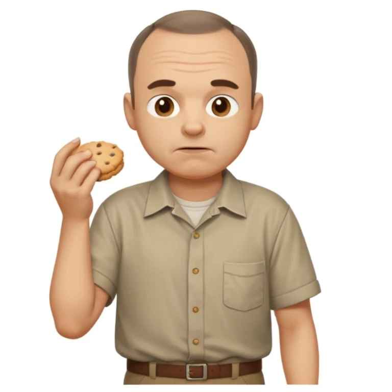 Carl from Sling Blade, full body, 3/4 angle, slouching, chin sticks out, grimacing, holding a biscuit emoji