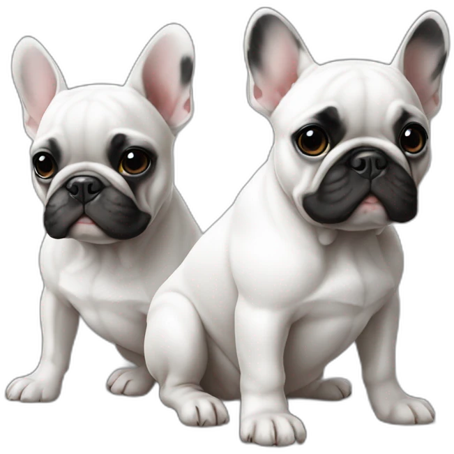 French bulldog white colour with black patch on one eye sitting with one one boy and girl emoji
