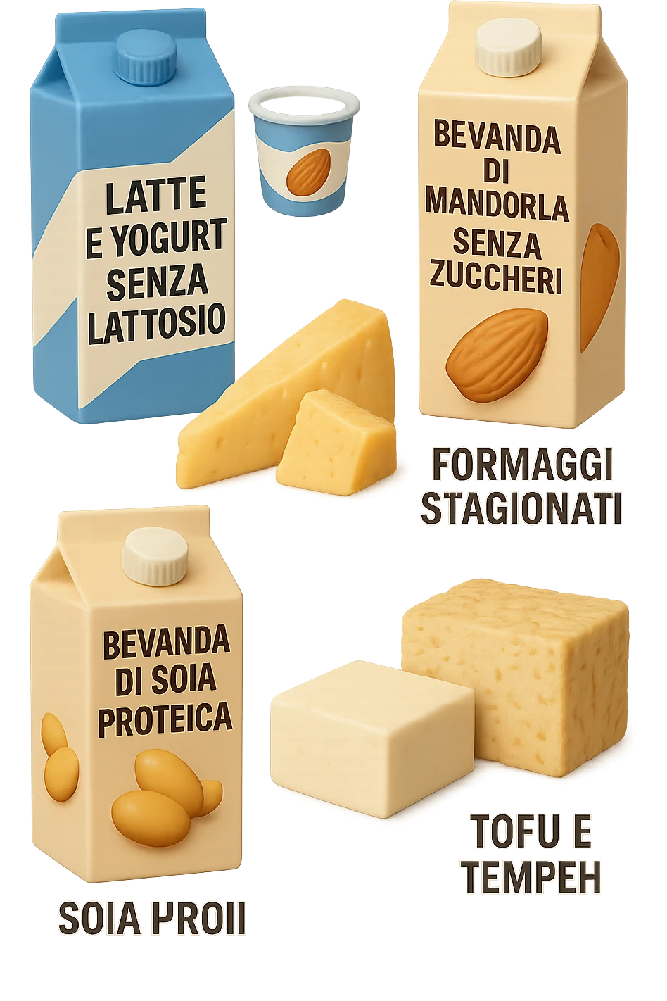 emoji stile iphone 3d di questi elementi che fluttuano in aria:

Latte e yogurt delattosati
Latte di mandorla (non zuccherato)
Latte di soia da proteine isolate
Formaggi stagionati (es. parmigiano)
Tofu compatto e tempeh
 che fluttuano in aria,  le etichette scrivile in italiano, iperealistico 4k emoji