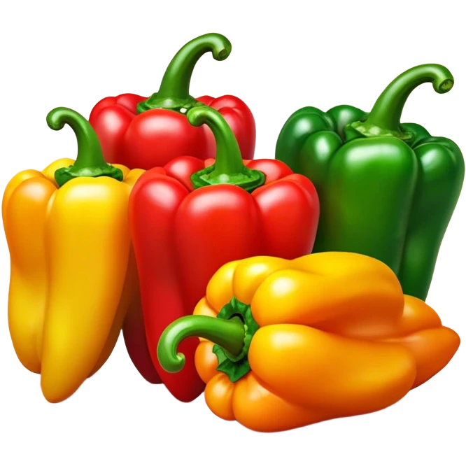 Cinematic bright colorful peppers, glossy and fresh, arranged in a vibrant mix of red, yellow, and green, warm glowing background, fresh and lively. emoji