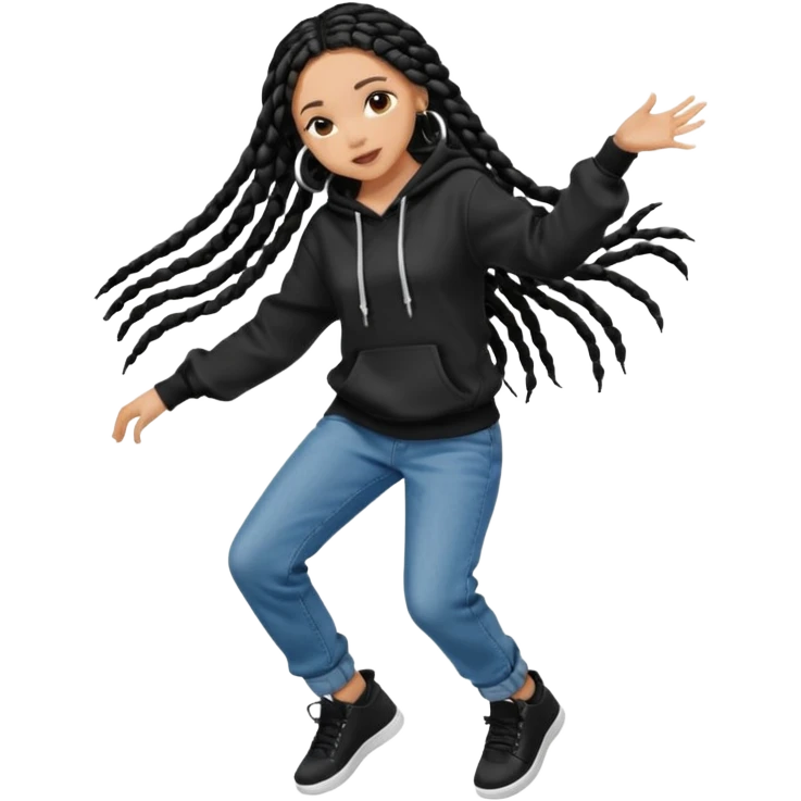 African American light skin girl with long black box braids wearing a plain black hoodie wearing denim jeans and shoes dancing in music video emoji