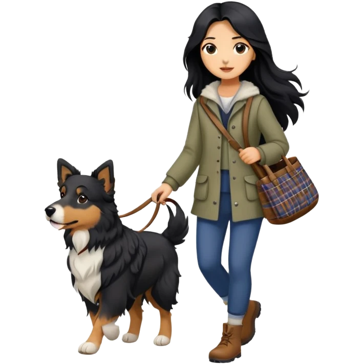 A girl with long black hair walking a Scottish shepherd dog emoji