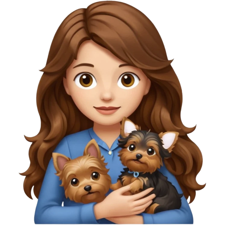 a woman with long wavy brown hair gently holding a Yorkshire Terrier, emoji style emoji