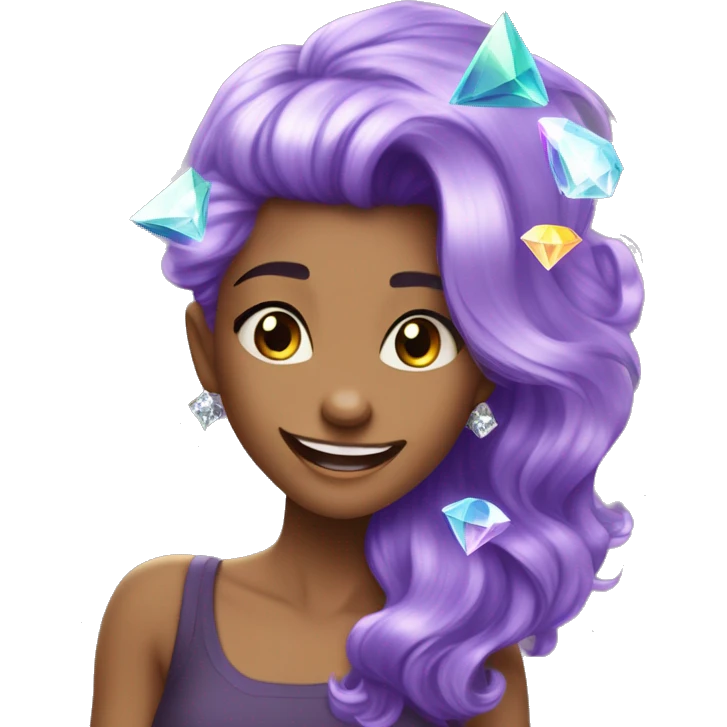 one girl with purple diamond hair, she is feeling happy and elated and excited, make her hair shiny with prisms and angles and edges, now make her hair crystallized, make her hair only crystals no real hair please, only crystallized hair emoji