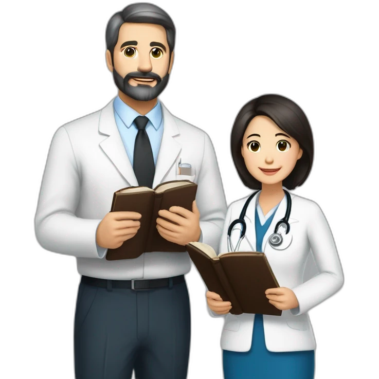 husband american age 64 dark brown hair trimmed beard wearing business suit holding bible together, wife asian age 64 black shoulder length hair wearing nurse uniform, no children emoji