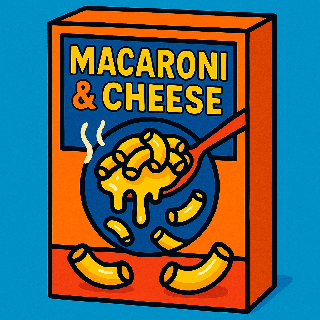 a box of macaroni and cheese, bright packaging, noodles and cheese visible, fun and appetizing emoji