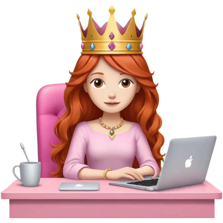 Long haired Redhead with crown on her head sat at the desk with MacBook and pink desk chair  emoji