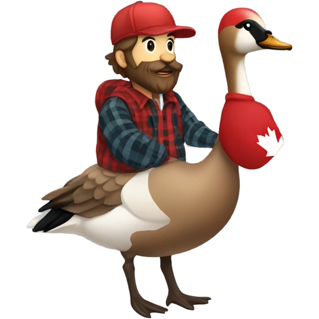 A man with a beard wearing a red flanel shirt with matching hat riding a canadian goose emoji