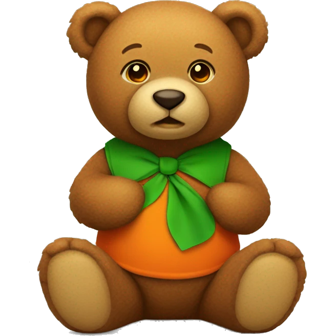 a brown sitting teddy bear wearing a green shirt with an orange irish leave  emoji