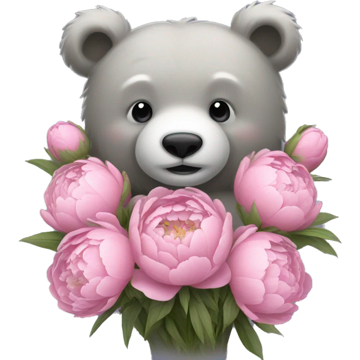 realistic-grey-bear-hugging-Bouquet-of-peonies emoji