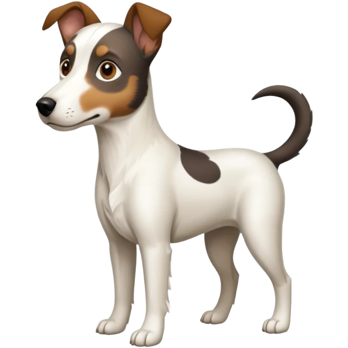 a full body large white floppy eared parson russell looking dog the size of a kelpie with light brown ears and a light brown patch on one eye and a large snout emoji