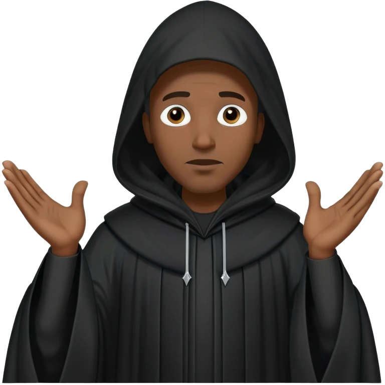 Black man wearing a long black robe with a tall pointed hood, face fully covered except for two small eye holes, standing confidently with hands gesturing in conversation. emoji