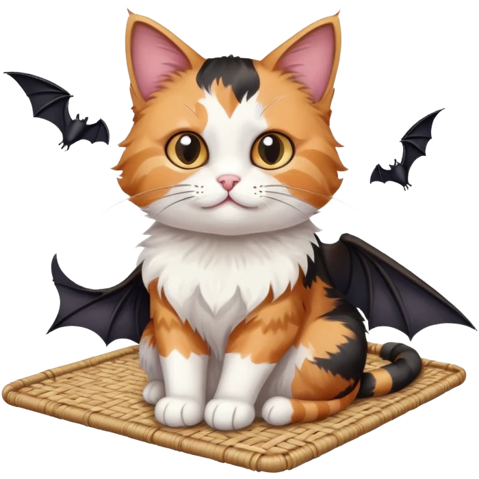 cat sitting on a mat with two bats flying nearby emoji