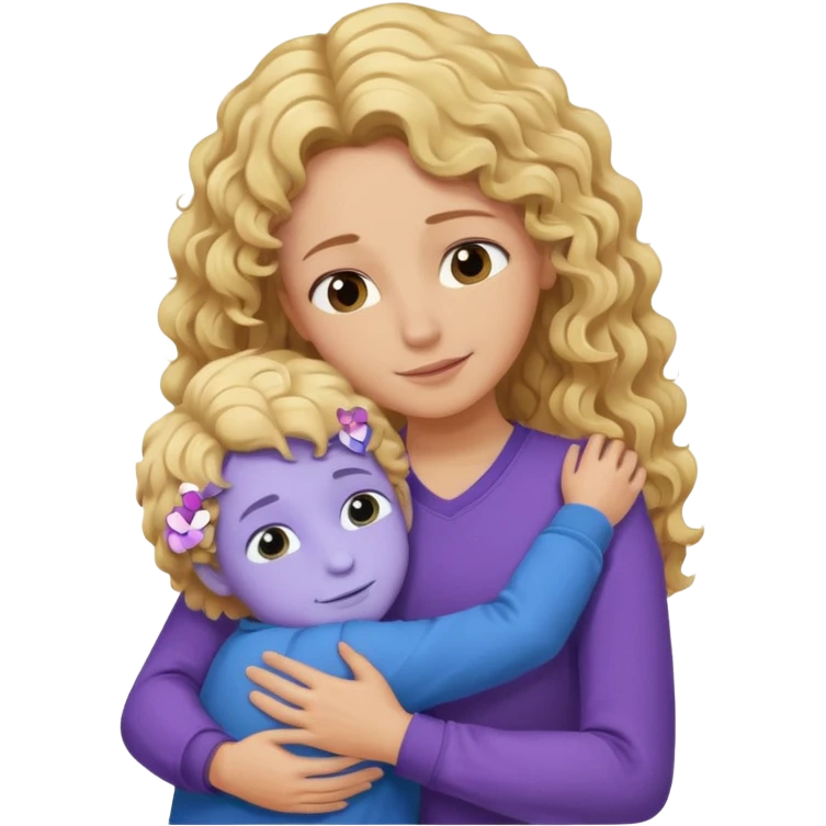 a mother with blond curly long wearing purple hugging his son with brown hair wearing blue and like saying its okay emoji