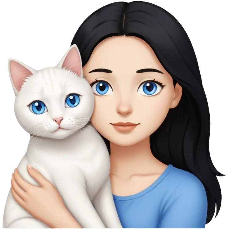 Mujer de pelo negro, con ojos cafés, abrazando a un gato blanco, con ojos azules ￼ emoji