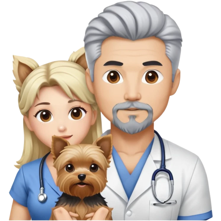 Blonde nurse with a dark haired pointy hair full goatee and muscular hot asain Korean man with one silver hair yorkie.  emoji
