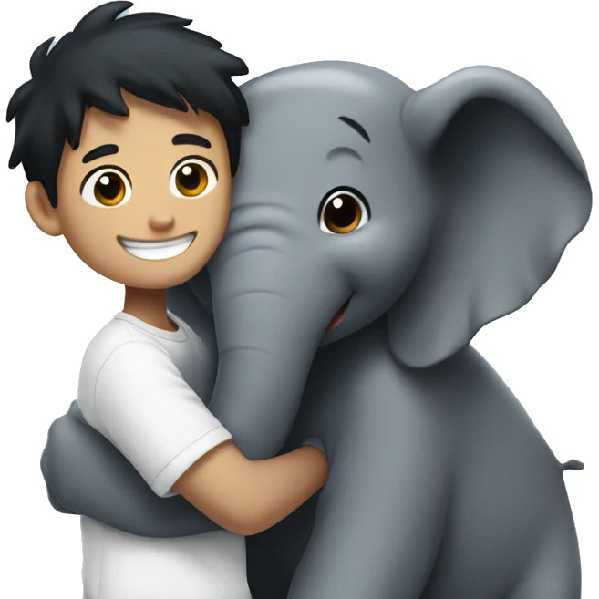 Boy with white skin and black hair hugs an smiling elefant emoji