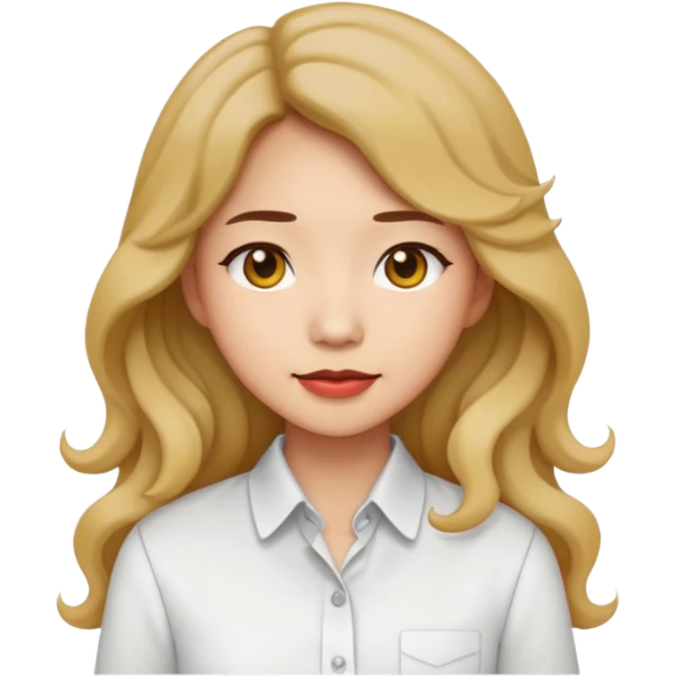 Asian woman, white button-up shirt, long permed wavy hair, emoji style, simple flat colors, transparent background. emoji