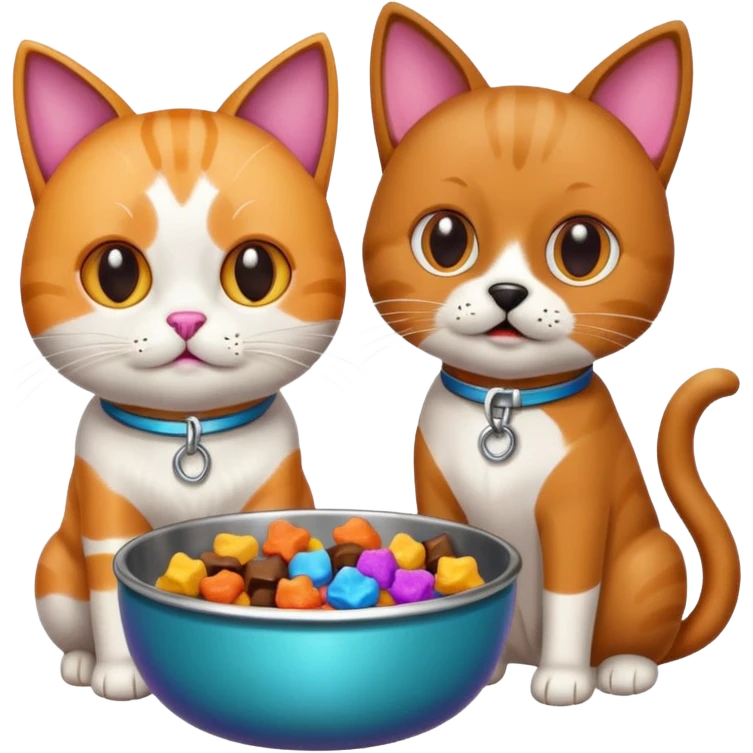 a cat and a dog eating treats from a bowl emoji