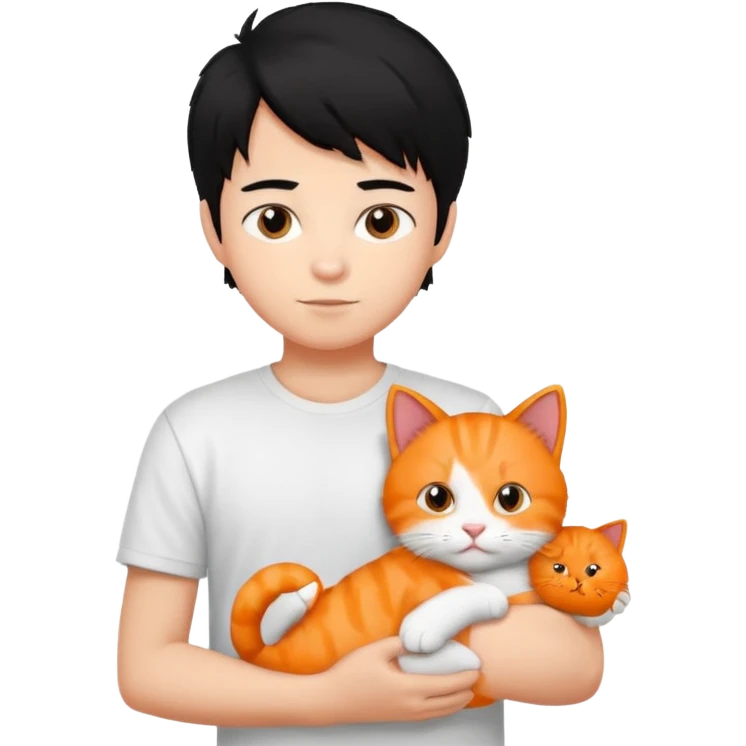 generate a pretty bratz emoji of a boy with black hair wearing a white tshirt and holding a cat emoji