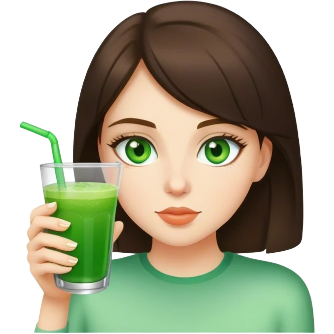 brunette girl with green eyes drinks green drink emoji