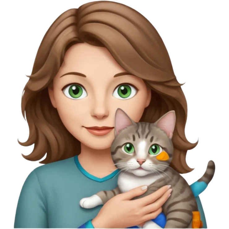 beautiful 50 yr old woman, wavy light brown hair, blue green eyes with beautiful gray tabby cat emoji