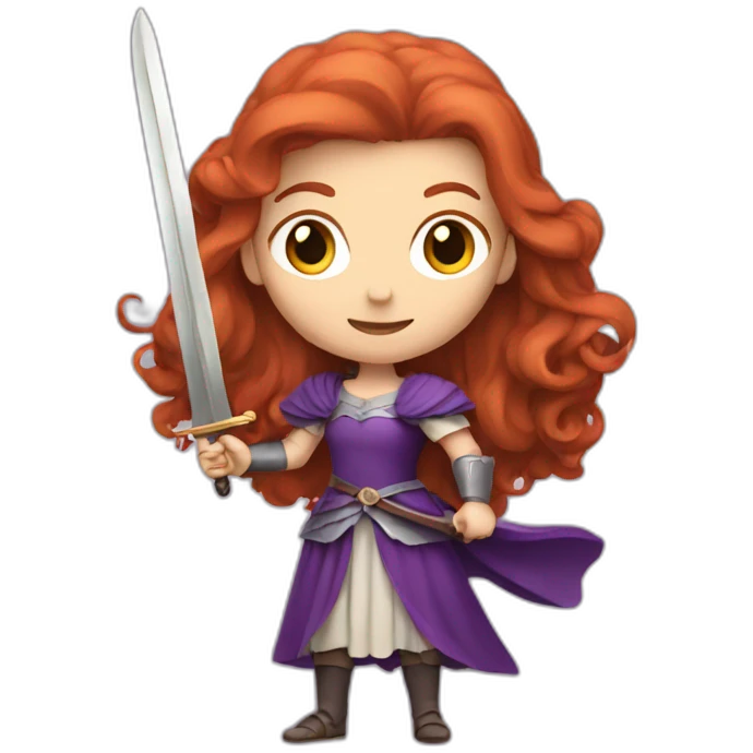 a redhead women in purple dress with sword emoji