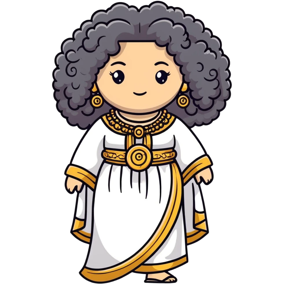 Stunning Greek-inspired character with massive voluminous curly hair flowing down, ornate traditional jewelry, and cute stylish Greek clothing emoji