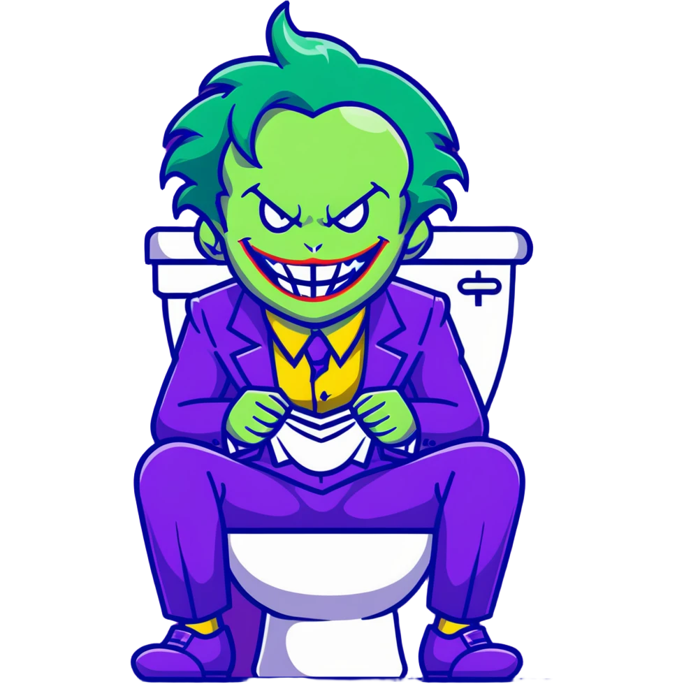 Joker villain sitting on toilet laughing maniacally, green hair, purple suit emoji