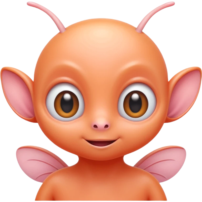 Portrait of a cute alien with round head, big shiny eyes, pastel orange skin, small antennae, friendly expression, cartoon style emoji
