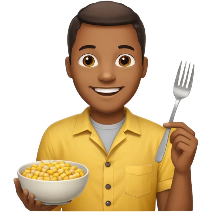 HAPPY BLACK MAN WITH YELLOW OPEN BUTTON-DOWN SHIRT, HOLDING AN FORK AND A COOK CORN BOWL emoji