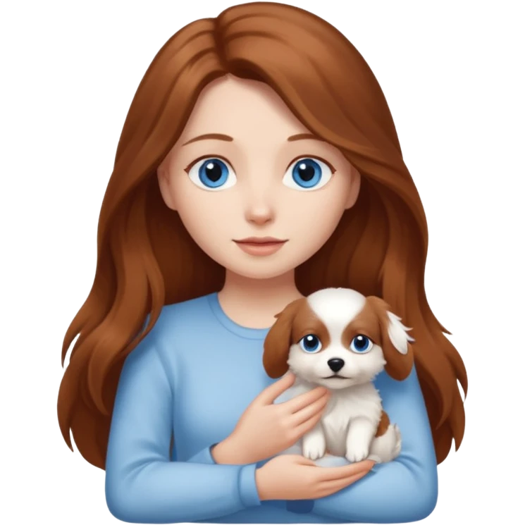 long hair chestnut color blue eyes woman holding small white dog emoji