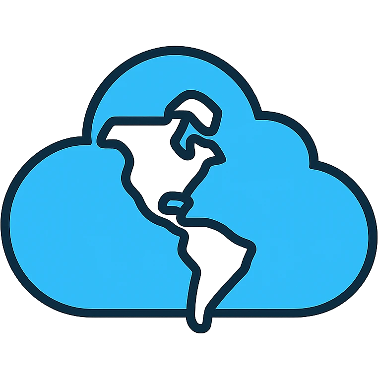 stylized cloud with subtle map of the Americas, icon style, flat design, blue and white emoji