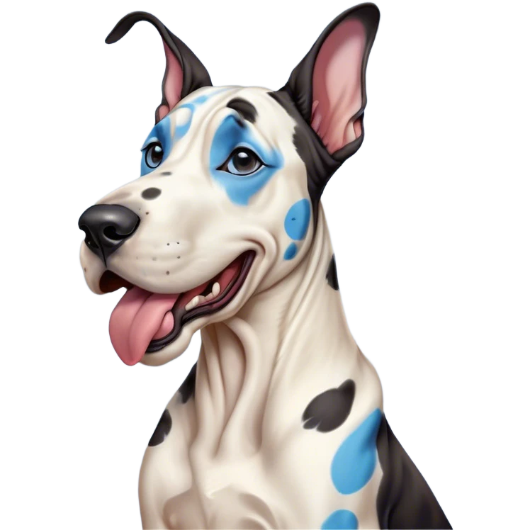 Cinematic Cute Yawning Harlequin Great Dane Portrait Emoji, Head tilted slightly with a dramatic, wide-open yawn, showcasing a smooth coat of predominantly white with bold black patches, floppy ears slightly drooping, round blue eyes barely open in drowsy contentment, Simplified yet irresistibly adorable features, highly detailed, glowing with a soft, cozy glow, high shine, relaxed yet expressive, stylized with a touch of whimsy, bright and endearing, soft glowing outline, capturing the essence of a sleepy yet affectionate guardian, so drowsy it feels like it could stretch out of the screen and curl up for a nap! emoji