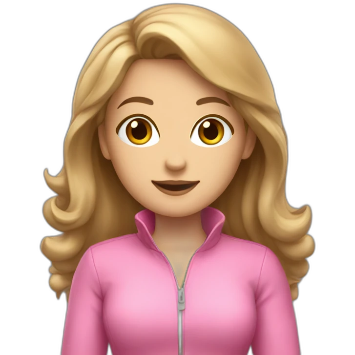 Woman dark blond hair  pink  full body jumpsuit flying emoji