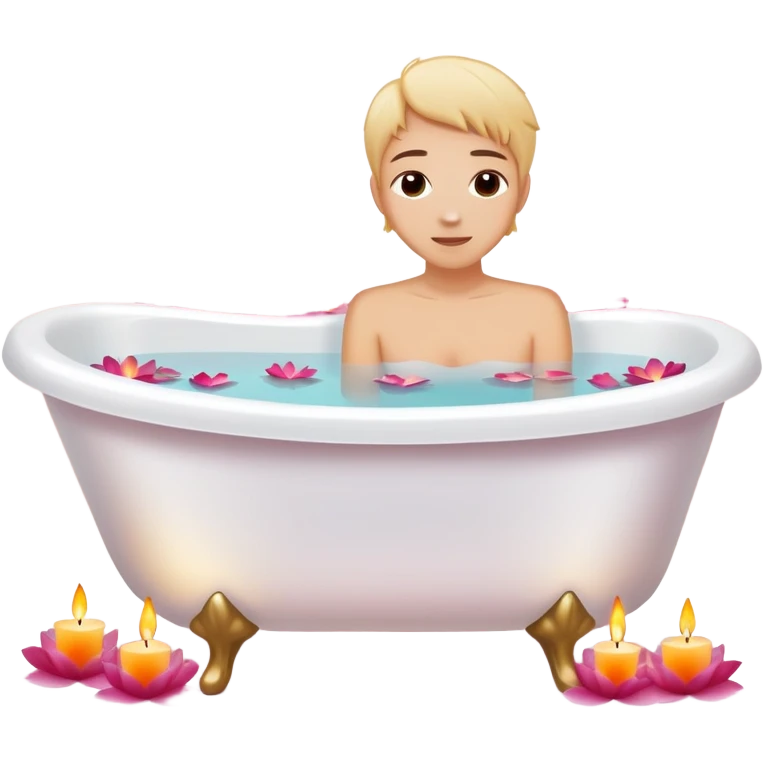 A white bathtub with warm water, with flower petals and scented candles, romantic lush warm colors emoji