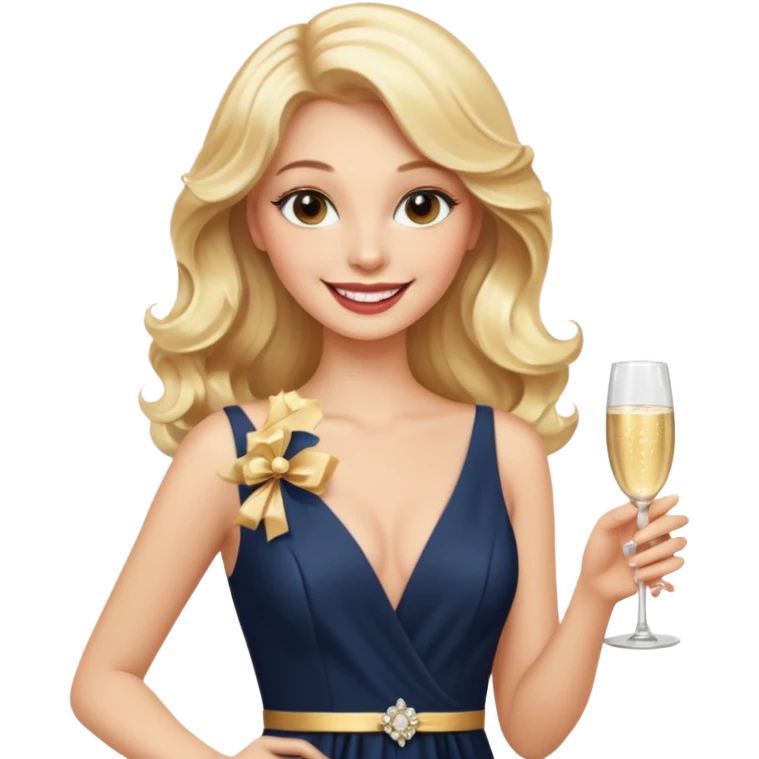 Glamorous blonde lady holding champagne bottle, long hair with makeup smiling  emoji