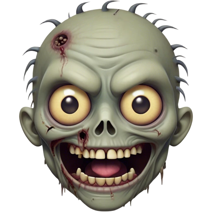 Cinematic Comical Zombie Portrait Emoji, with a grotesquely exaggerated yet playful decaying face in muted ashen tones, head cocked in a dramatically shocked expression with wildly comical, googly eyes and a gaping, silly grin revealing quirky stitches, simplified yet hilariously expressive, highly detailed with a soft eerie glowing outline capturing the absurd humor of a zombie in comic disbelief! emoji