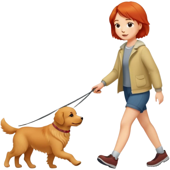 A red short-haired girl walking a golden retriever emoji
