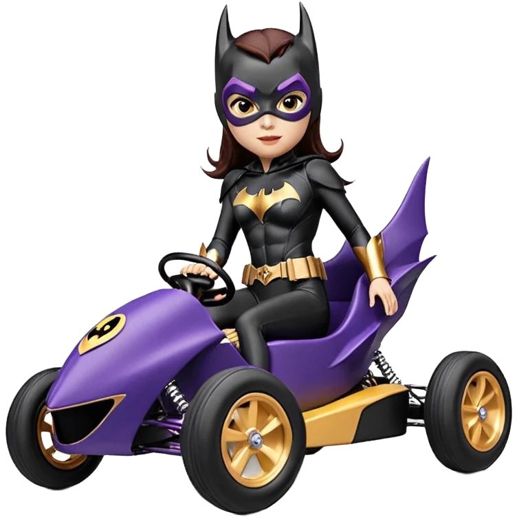 Hot full size real size-appearance electric road racing sexy BatGirl’s feminine midnight-colored tight outfit sixty’s tv show 1992 dark stealthy sporty safe plush petite off-road pursuit cruiser car rose gold accents (black hair,reclined and relaxed torso and shoulders seating position) go kart  emoji
