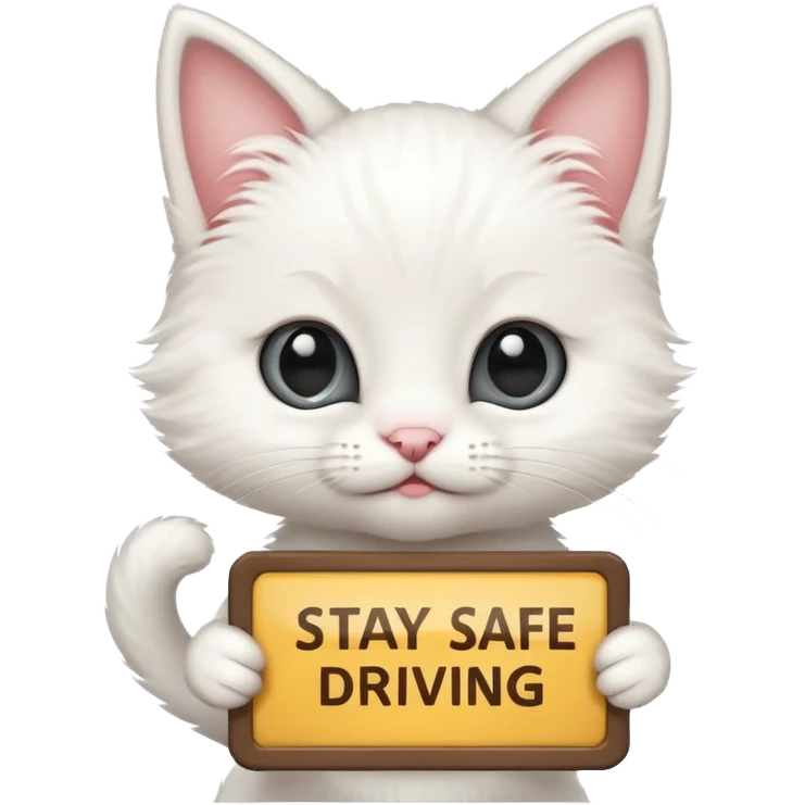 Cute White kitten with a sign that says, Stay safe driving! emoji