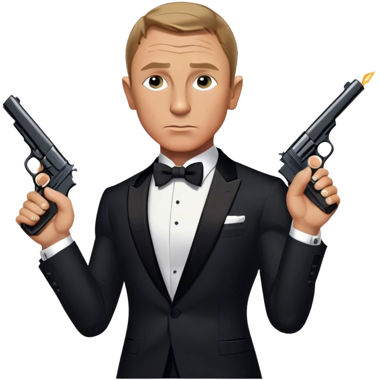 Cinematic Realistic James Bond Daniel Craig Portrait Emoji, depicted as the ultimate suave and enigmatic secret agent, donning a sharply tailored tuxedo, gripping a sleek handgun, with a piercing gaze that exudes confidence and danger. The scene is infused with moody, high-contrast cinematic lighting, evoking the thrilling world of espionage and intrigue. emoji