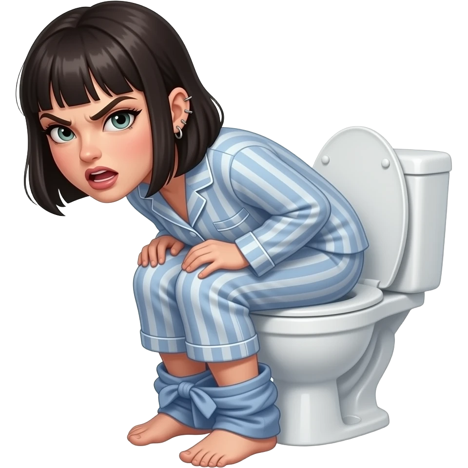 girl with dark hair and bangs with piercings pooping on the toilet aggressively with pajamas around ankles emoji