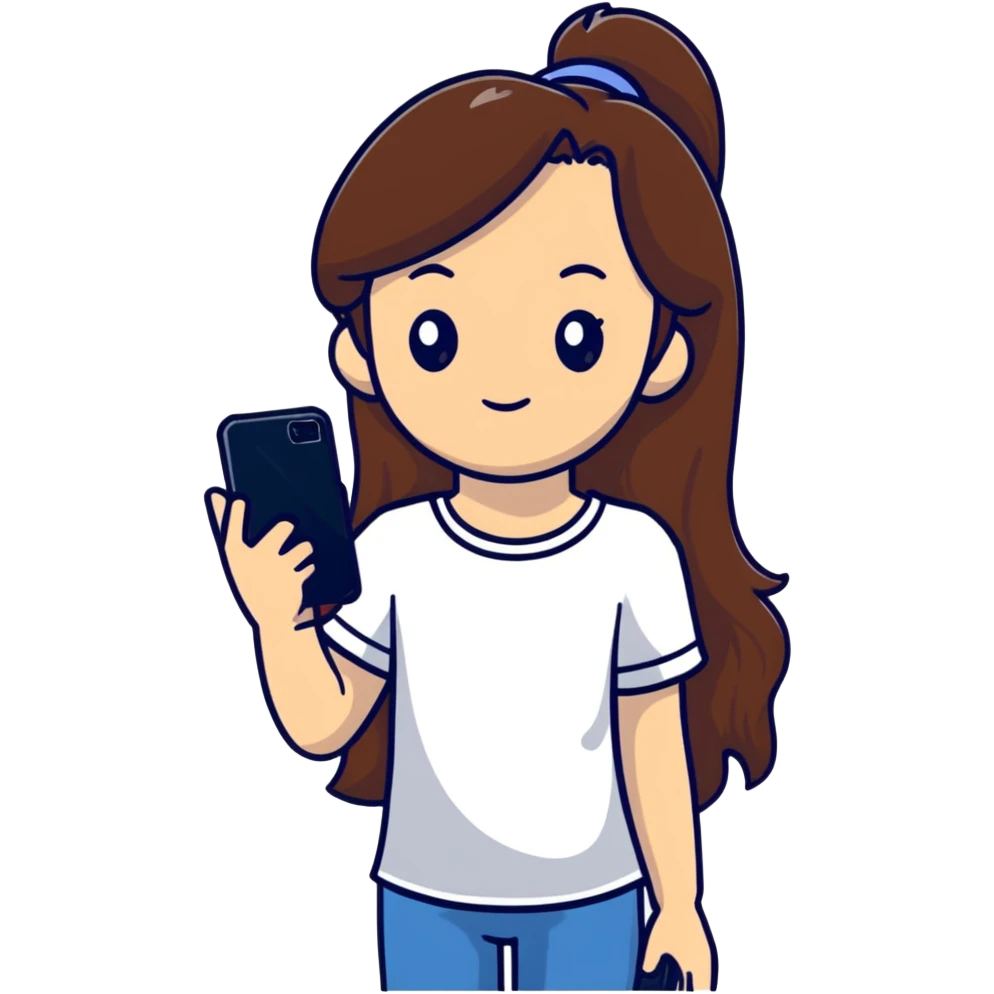 girl with long brown hair wearing a white top holding a smartphone emoji