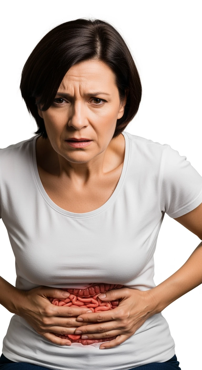 DONNA CHE SI TIENE LA PANCIA DOLORANTE CON INTESTINO VISIBILE, ESPRESSIONE DI DOLORE IN VOLTO, iperrealistico 4k, ISOLATA SU SFONDO BIANCO emoji
