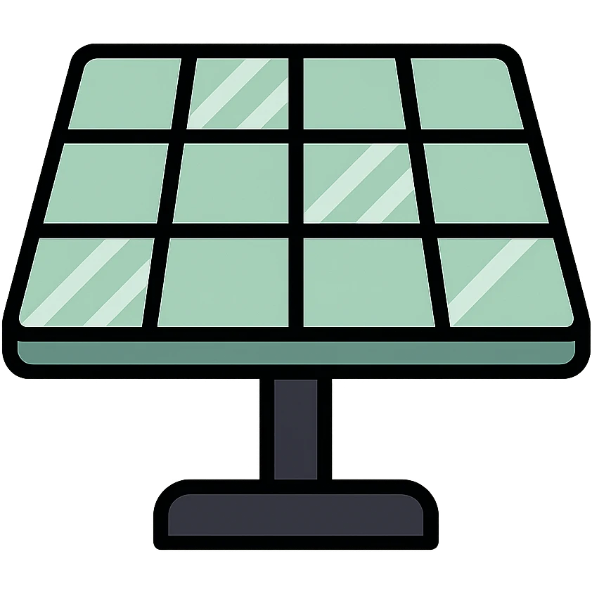 Skeuomorphic solar panel icon with mint green #B5F4D3 and black #111111 color scheme, showing a detailed panel with reflective surface and grid pattern, clean symmetric design with subtle depth and soft light emoji