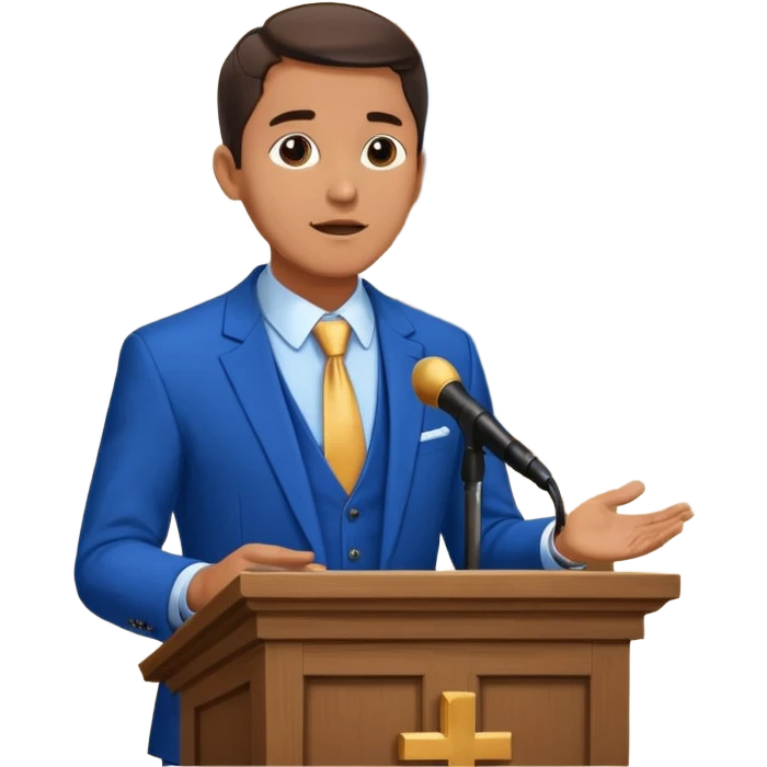 pastor with blue suits preaching in front of a pulpit with a cross behind him on the wall emoji